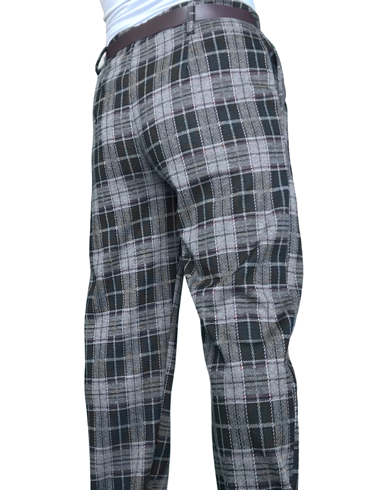 Pantalon à carreaux gris, noir et brun, jambe droite taille élastique