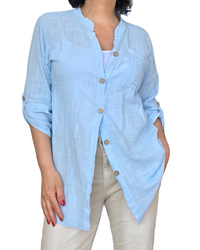 Chemise bleu ciel unie à manche 3/4 col mao