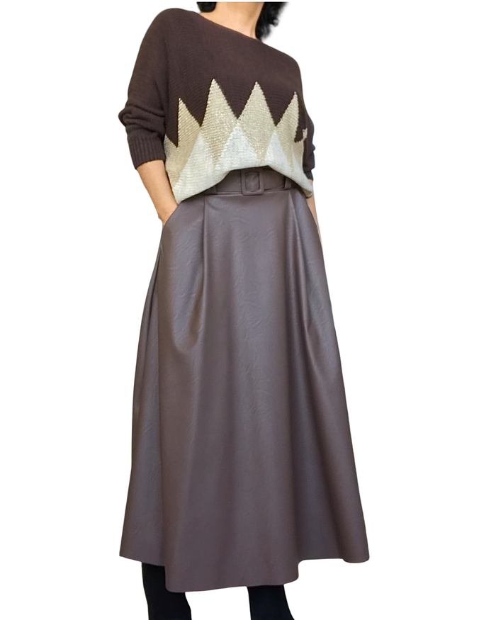 Jupe longue brune cuir vegan, coupe ligne A