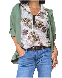 Chemise crème fleurie brun et kaki manche courte
