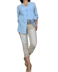 Chemise bleu ciel unie à manche 3/4 col mao