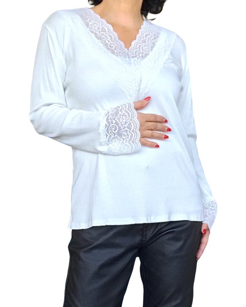 T-shirt blanc uni, manche longue, col en V en dentelle et bas des manches en dentelle