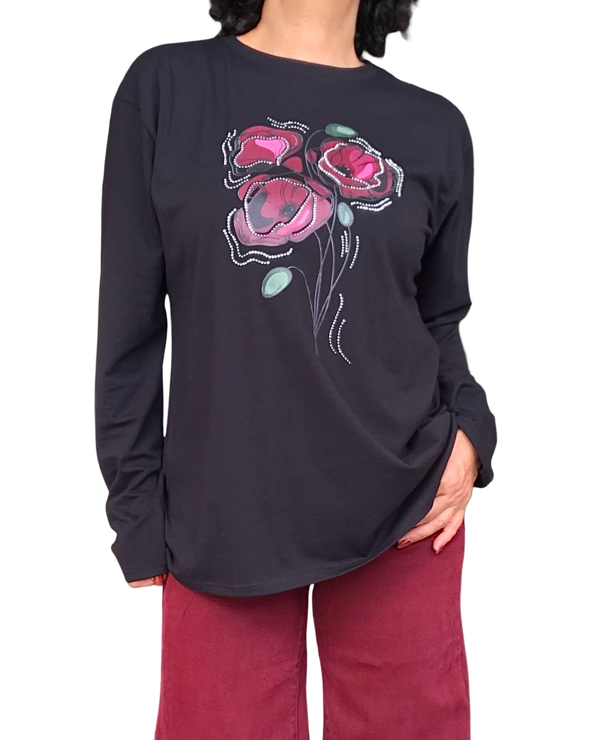 T-shirt manche longue noir avec 3 fleurs rouge vin