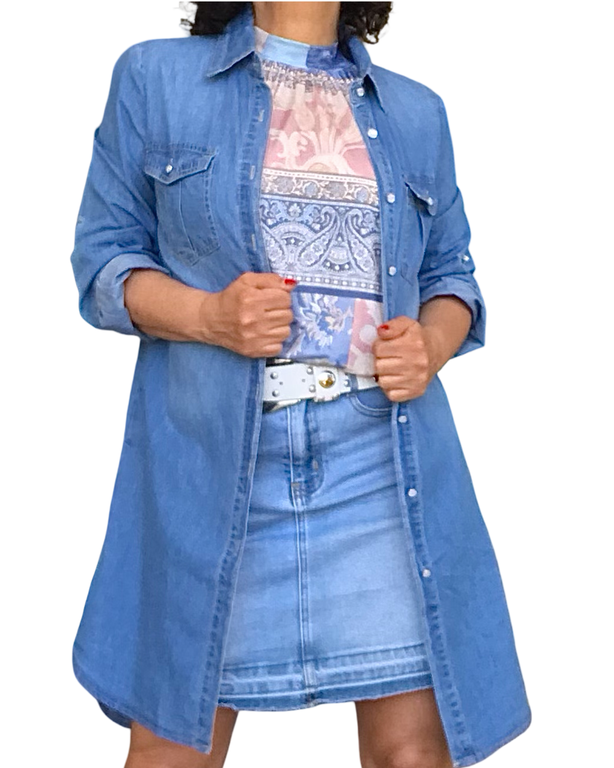 Chemise longue en jeans bleu moyen manche longue