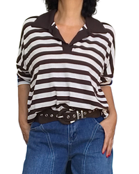 T-shirt polo manche longue rayé beige et brun