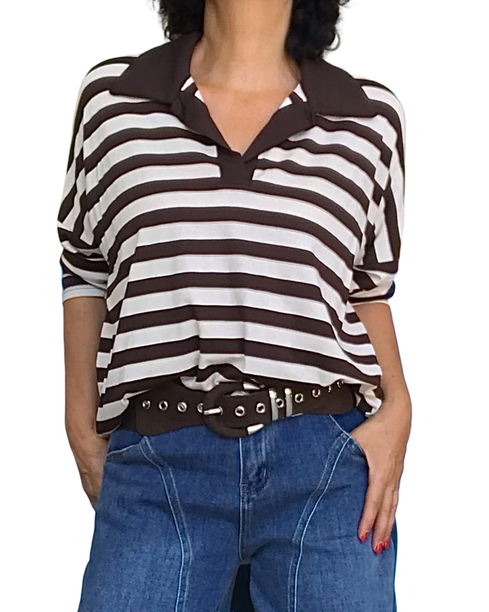 T-shirt polo manche longue rayé beige et brun