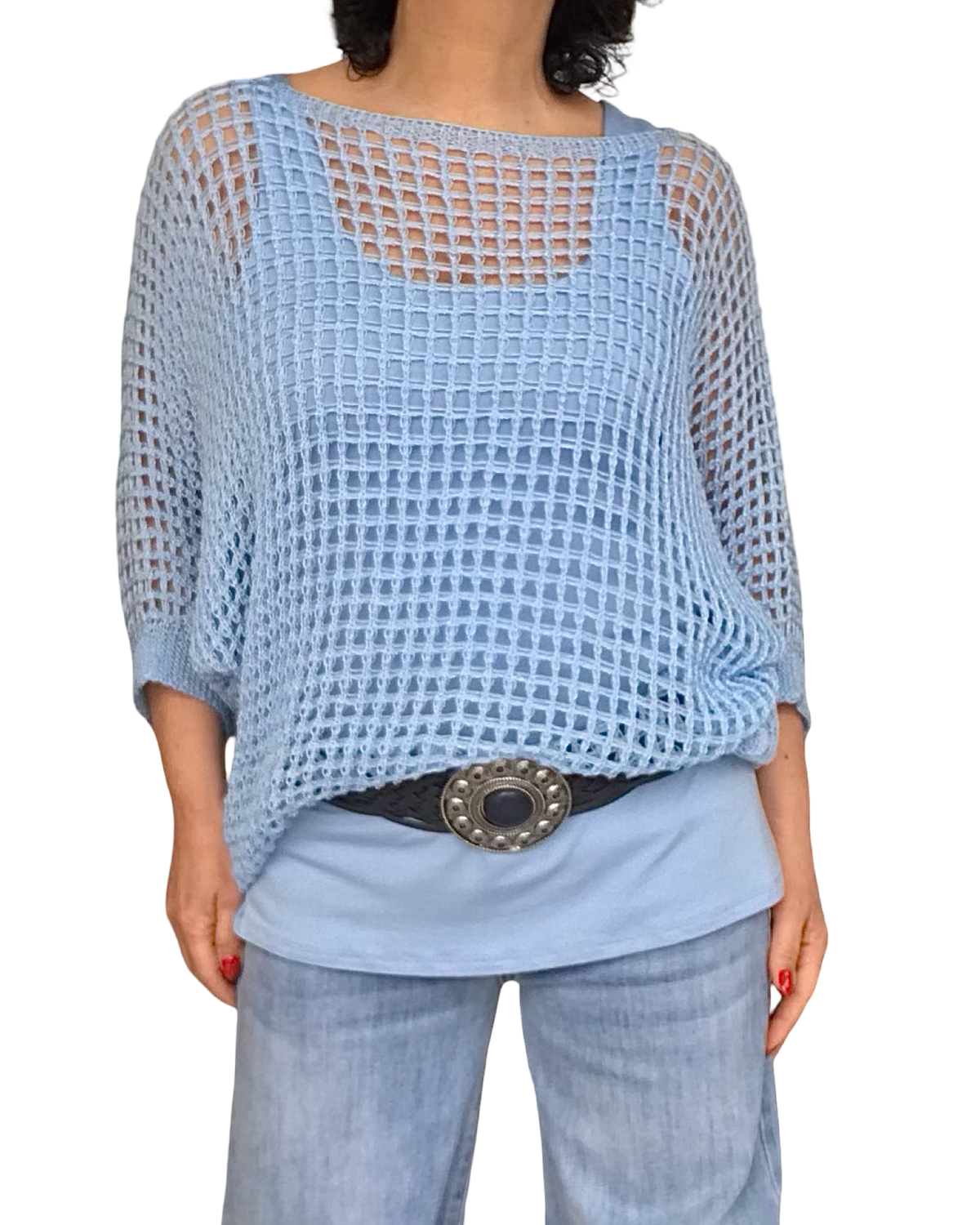 Chandail en crochet bleu ciel en grandes