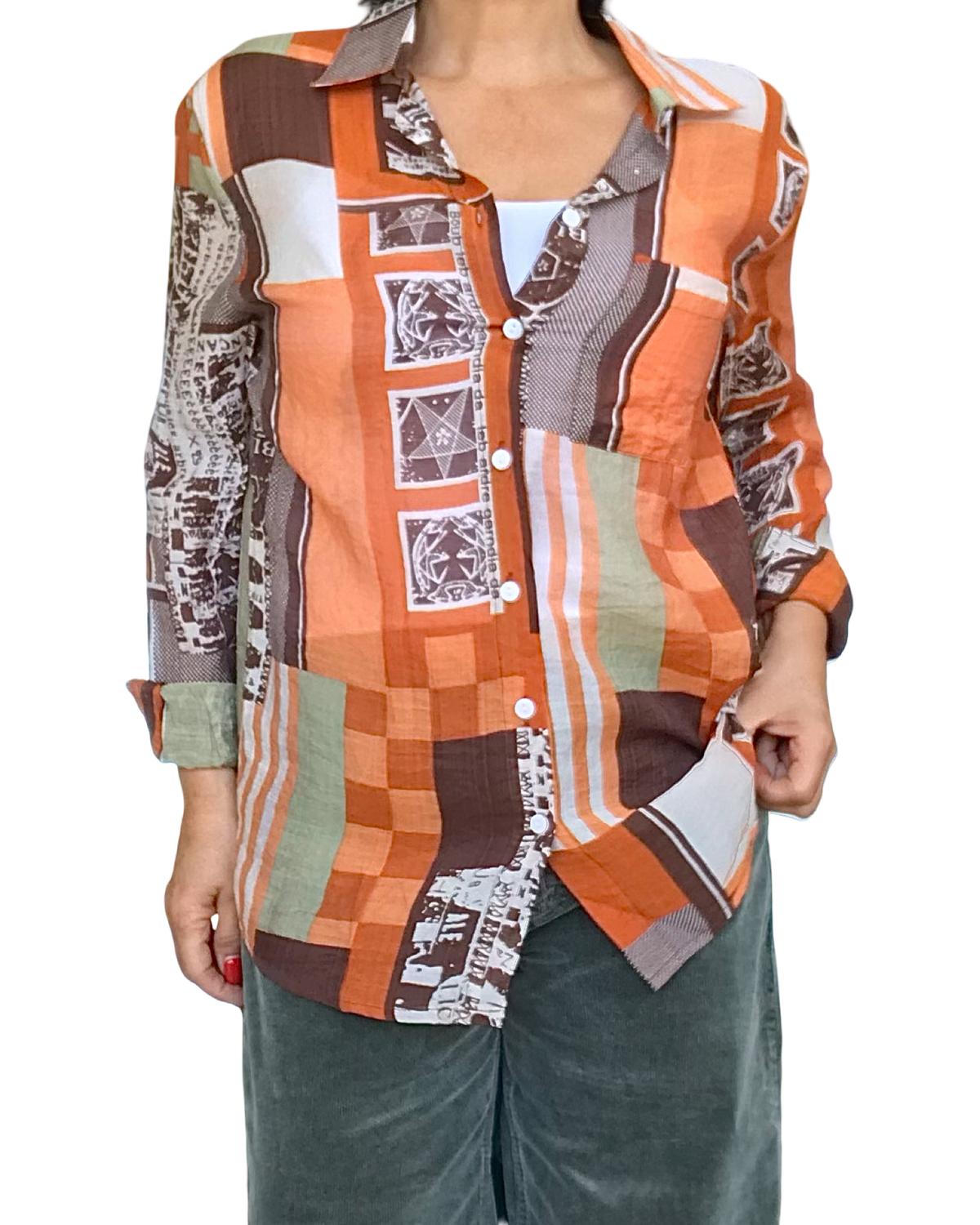 Chemise à manche longue, imprimé abstrait orange, beige, kaki, brun