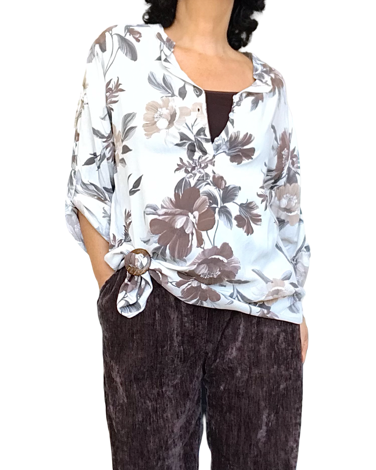 Blouse beige fleuri brun, moka et noir