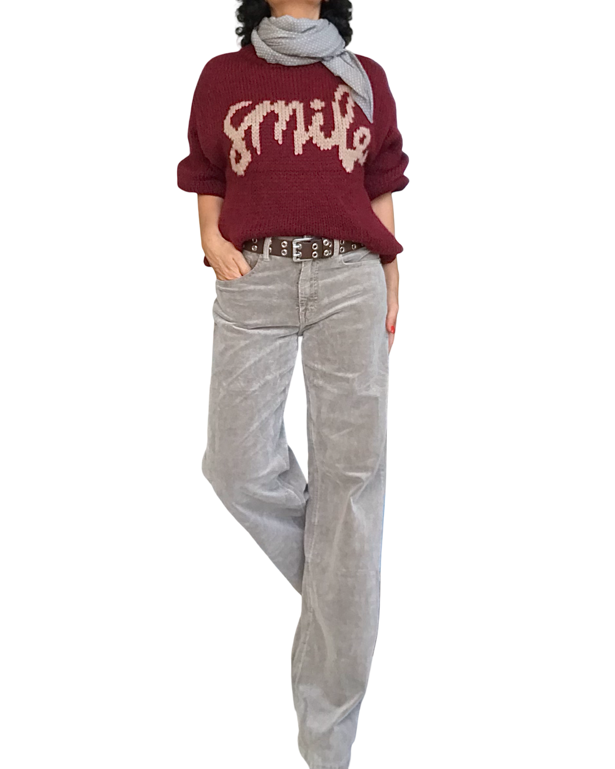 Chandail uni en gros tricot rouge vin « SMILE »