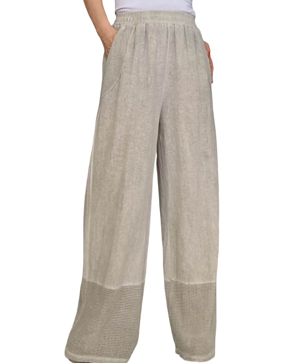 Pantalon beige délavé taille élastique, avec garniture en filet au bas