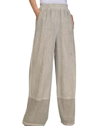 Pantalon beige délavé taille élastique, avec garniture en filet au bas