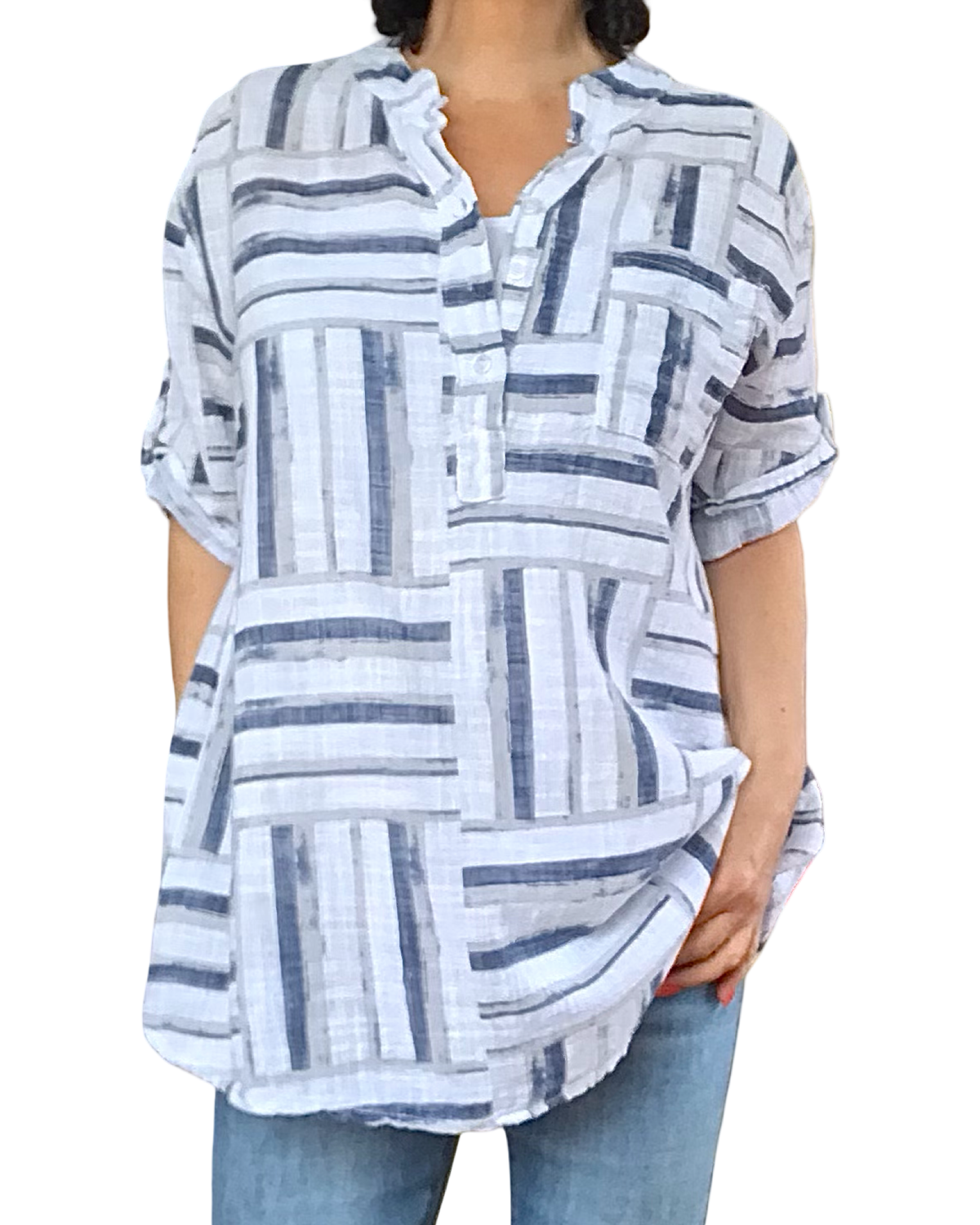 Blouse manche courte, rayures horizontales et verticales blanc, marine, gris pâle