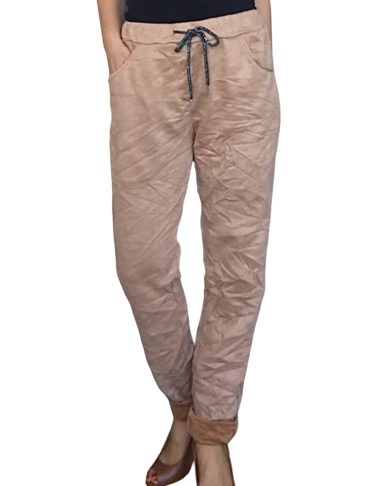 Pantalon camel en ultra suède à taille élastique avec cordon noir