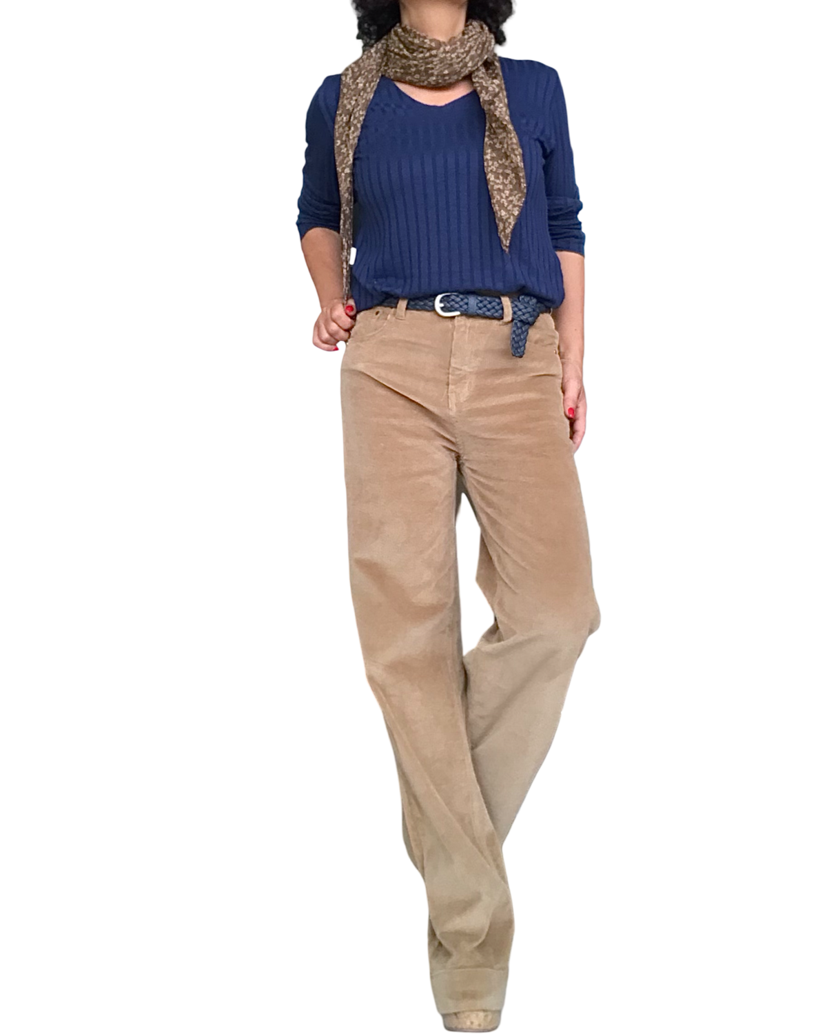 Chandail uni marine en rib col en V manche longue