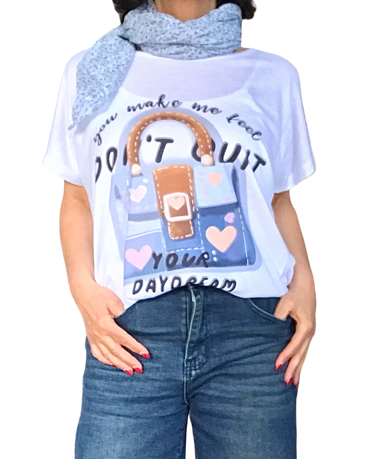 T-shirt uni blanc manche courte col en V « Don’t quit»