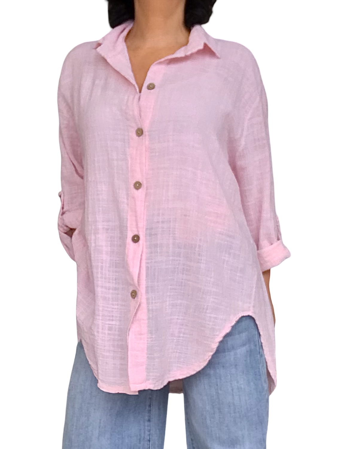 Chemise rose pâle unie à manche 3/4 col chemise