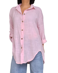 Chemise rose pâle unie à manche 3/4 col chemise