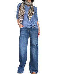 Chandail uni bleu jeans en rib col en V manche longue