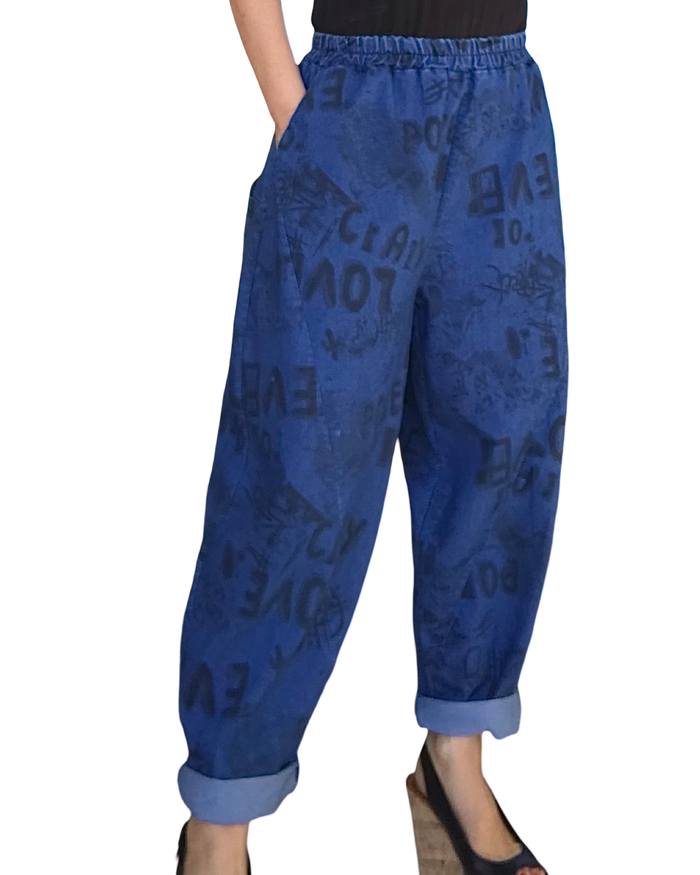 Pantalon bleu jeans baggy imprimé de lettres noires à taille élastique ( PREVENTE Livraison 17 mars)