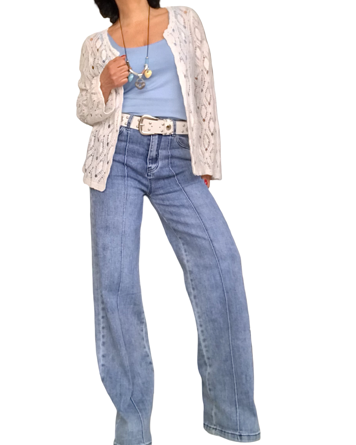 Jeans bleu clair , jambe droite avec sur picure le long de la jambe