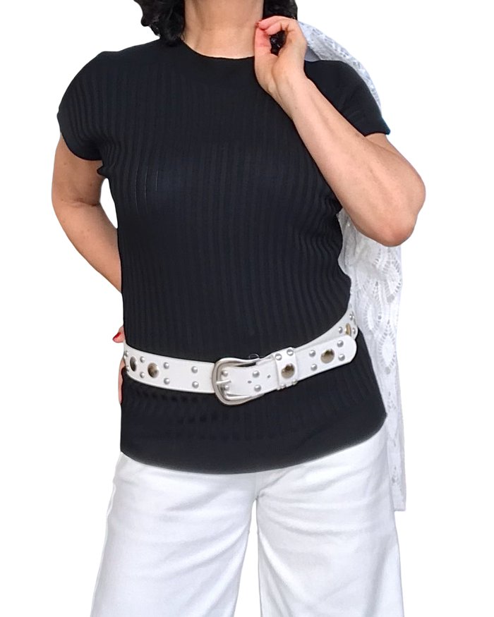 T-shirt côtelé uni noir col rond