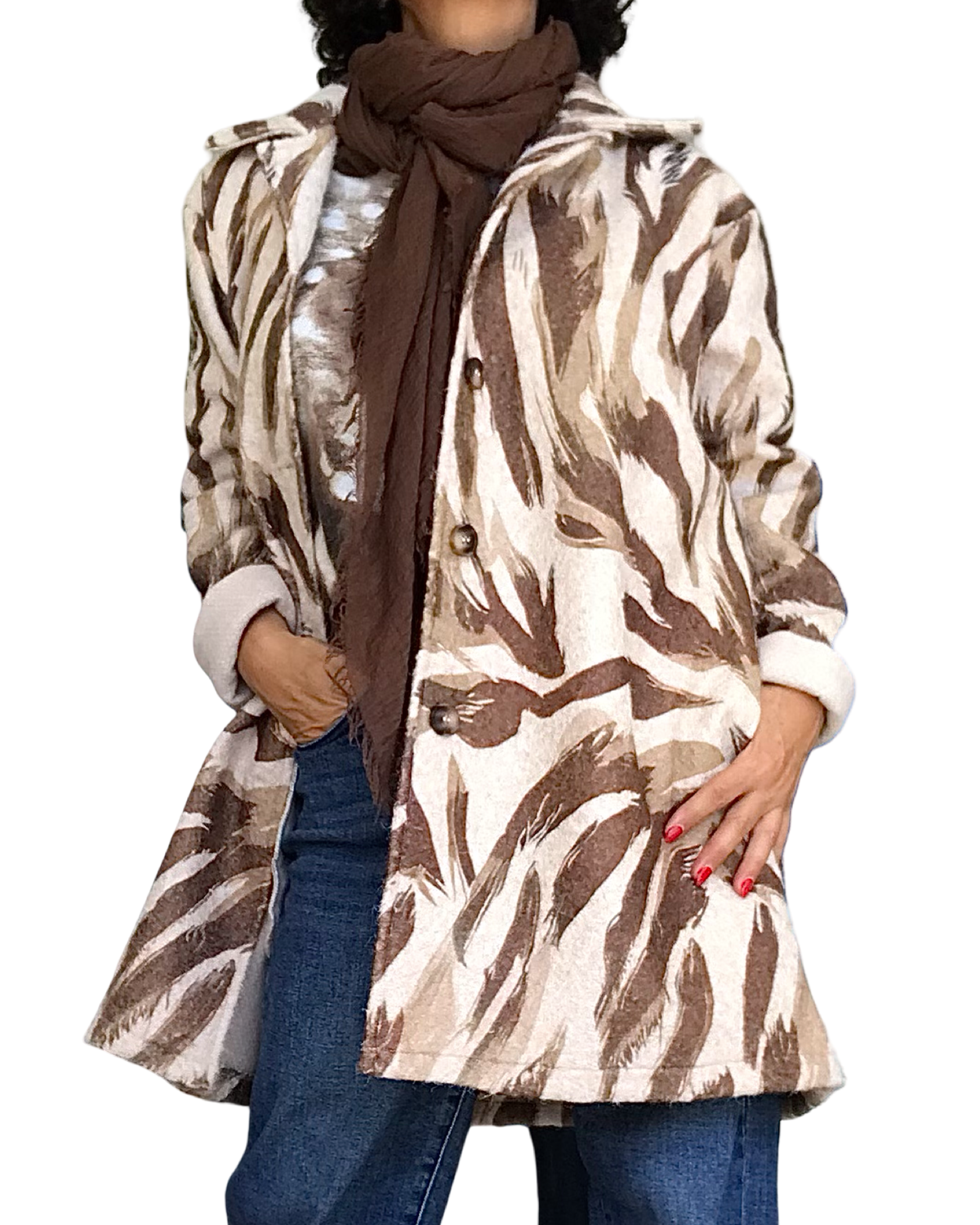 Manteau en laine beige zèbre brun et camel 3/4