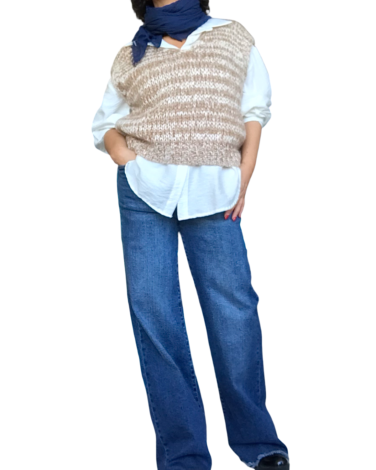 Débardeur en tricot col en V chiné camel et crème