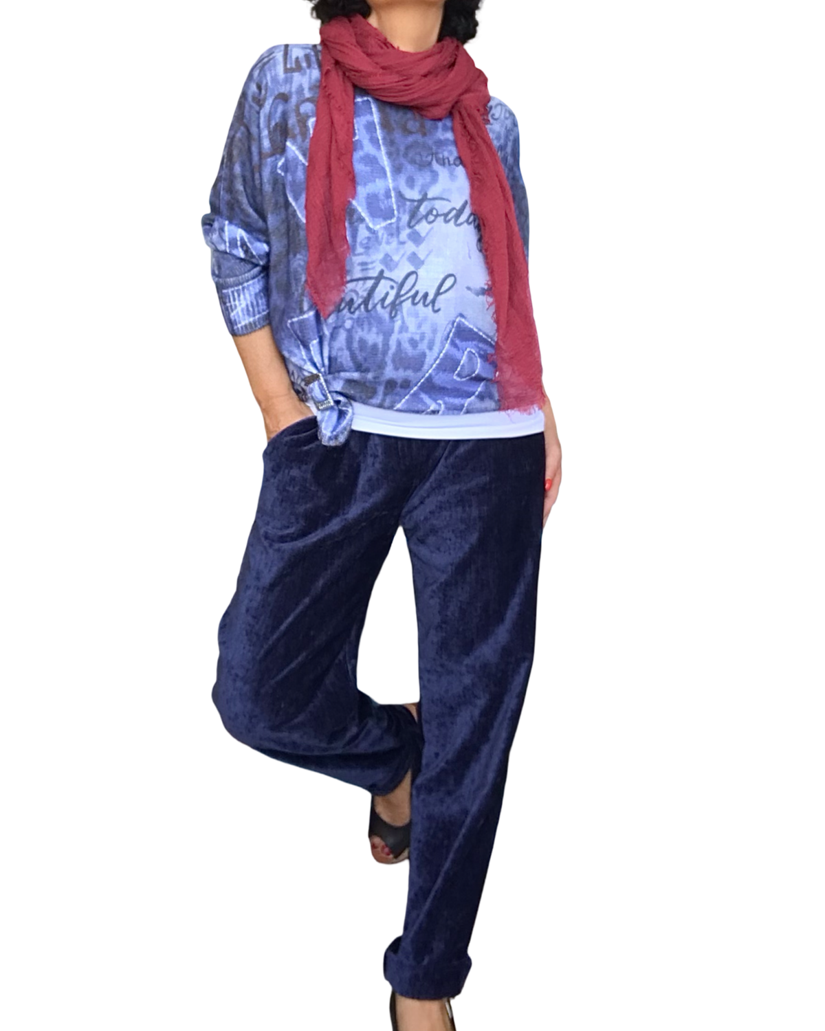 Pantalon bleu marin en velours taille élastique