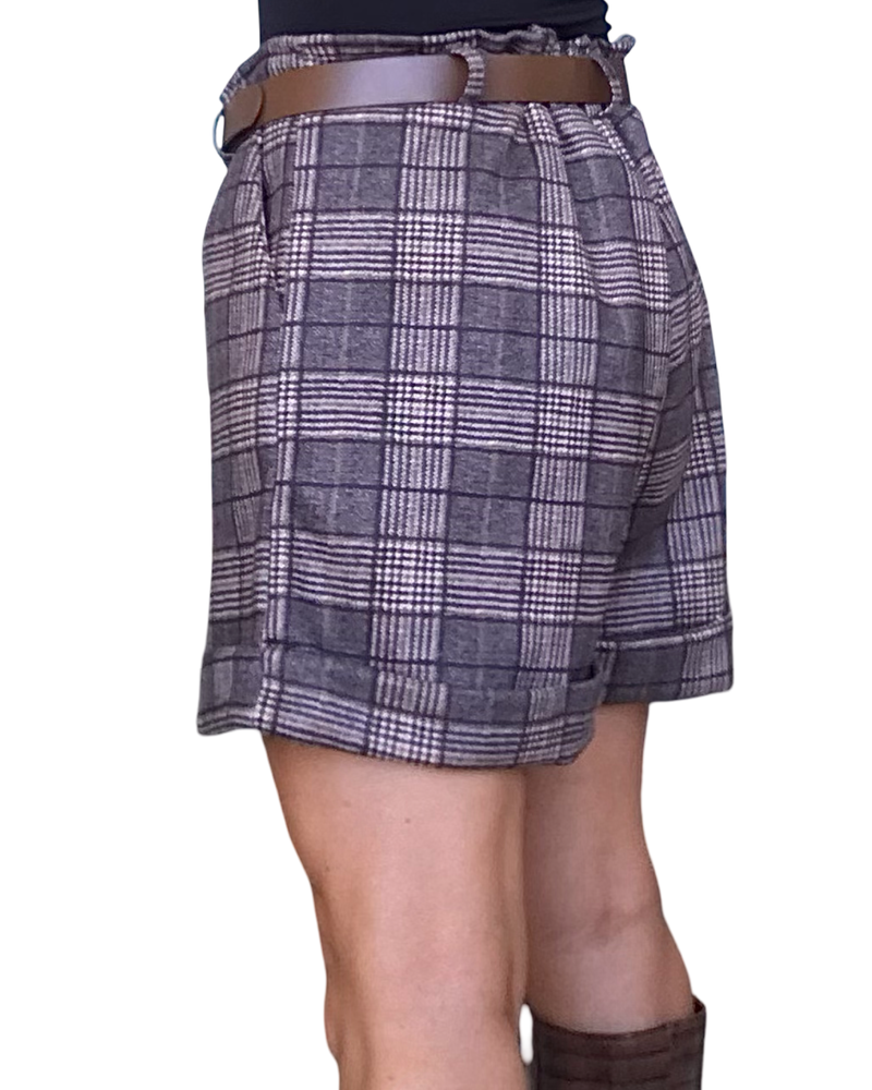 Short prince de galle en ultra suède noir et beige