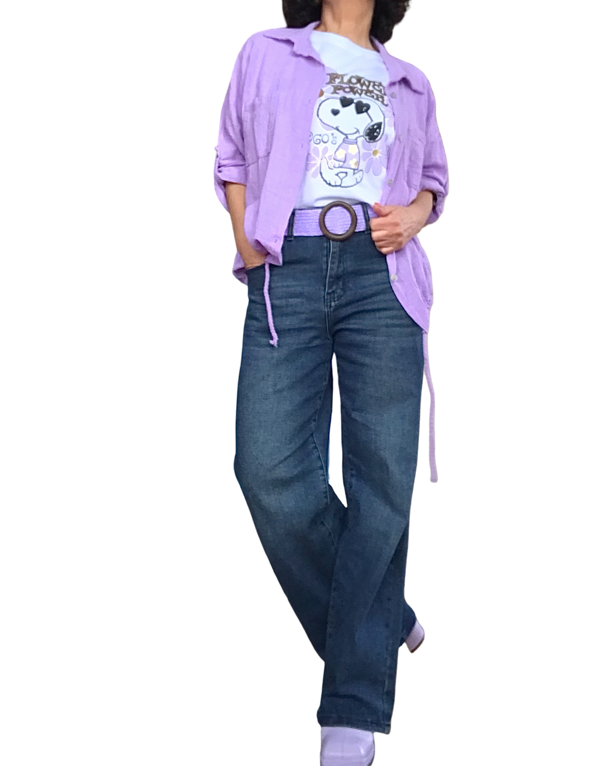 Chemise lilas manche courte avec deux poches appliquées devant et cordon au bas