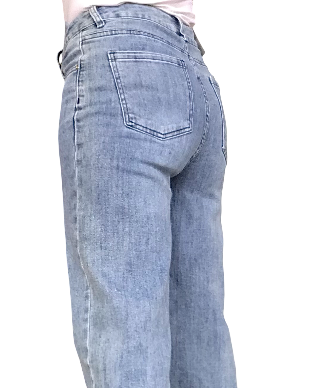 Jeans bleu clair , jambe droite avec sur picure le long de la jambe