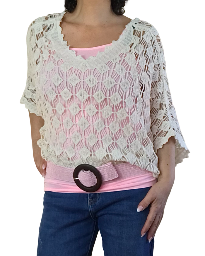 Chandail col en V en crochet losange beige manche courte