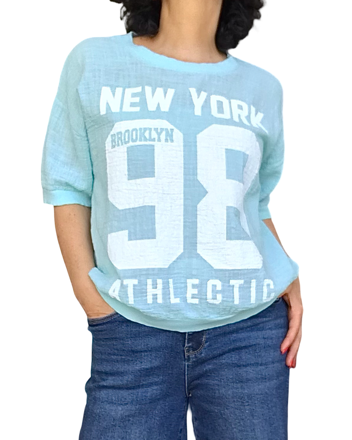 T-shirt uni aqua manche courte col rond « 98 New York»