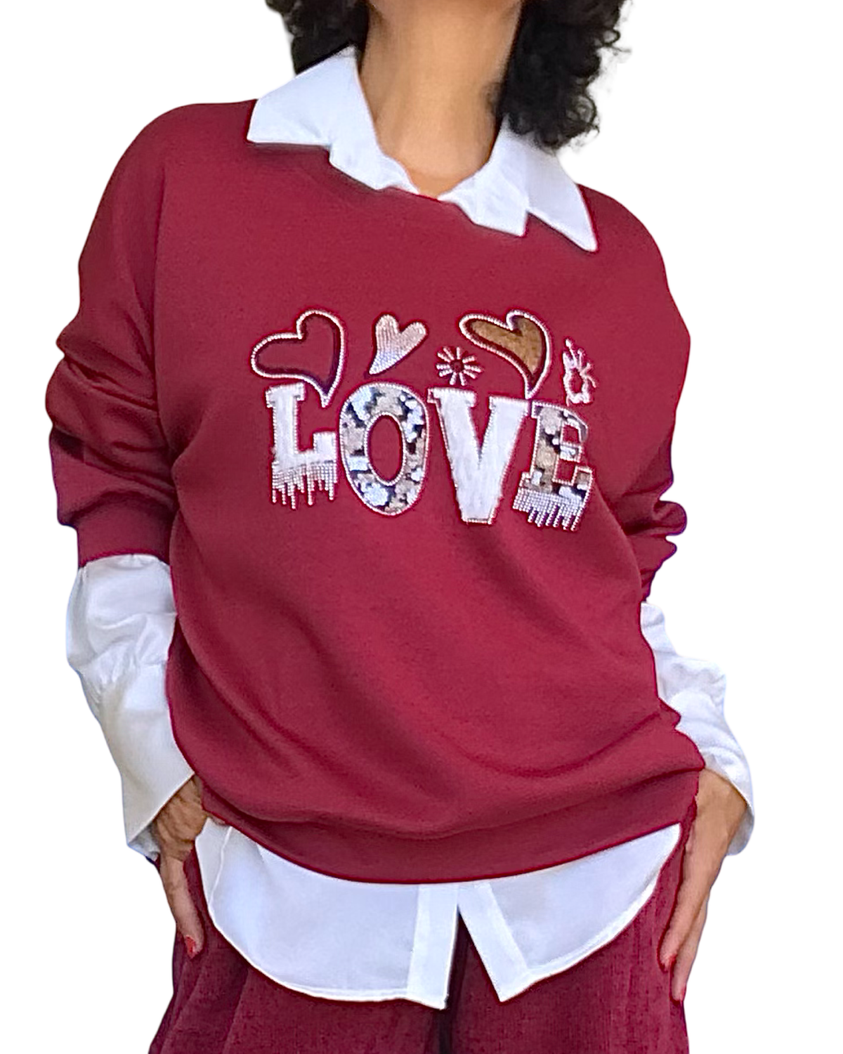 Chandail uni bourgogne col rond en jersey « Love »