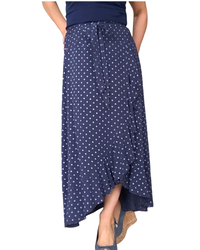 Jupe longue portefeuille marine à pois bleu ciel