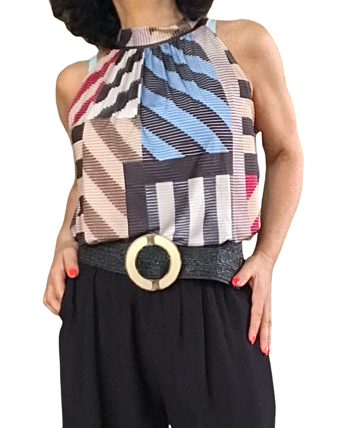 Camisole noué au cou motif géométrique noir, rouge, bleu, beige et blanc cassé