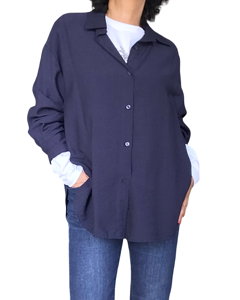 Chemise bleu marin unie à manche longue