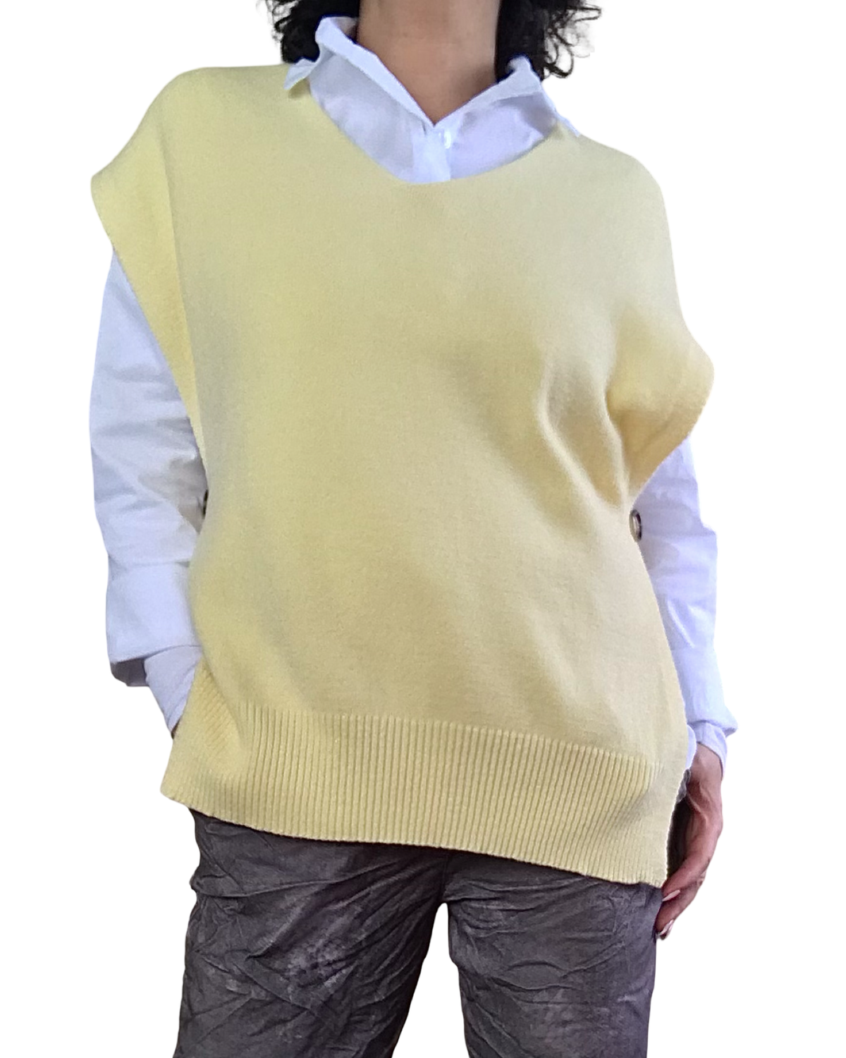 Débardeur en tricot col en V jaune pâle