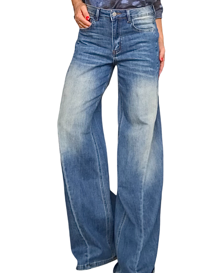 Jeans palazzo bleu avec surpiqûre le long de la jambe