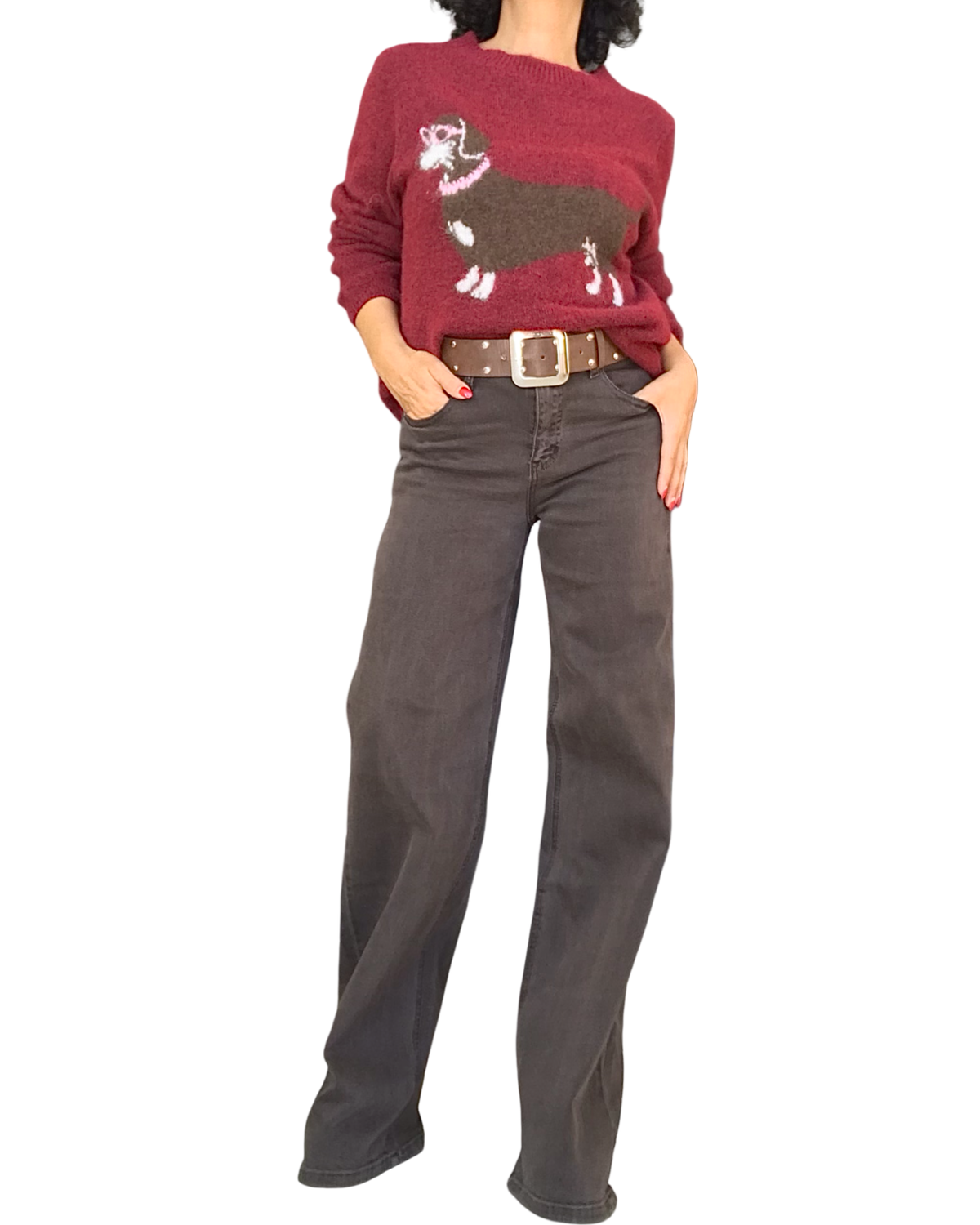 Chandail bourgogne à chien saucisse avec pantalon brun large – silhouette complète