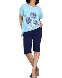 Blouse aqua manche courte avec 3 marguerites marines
