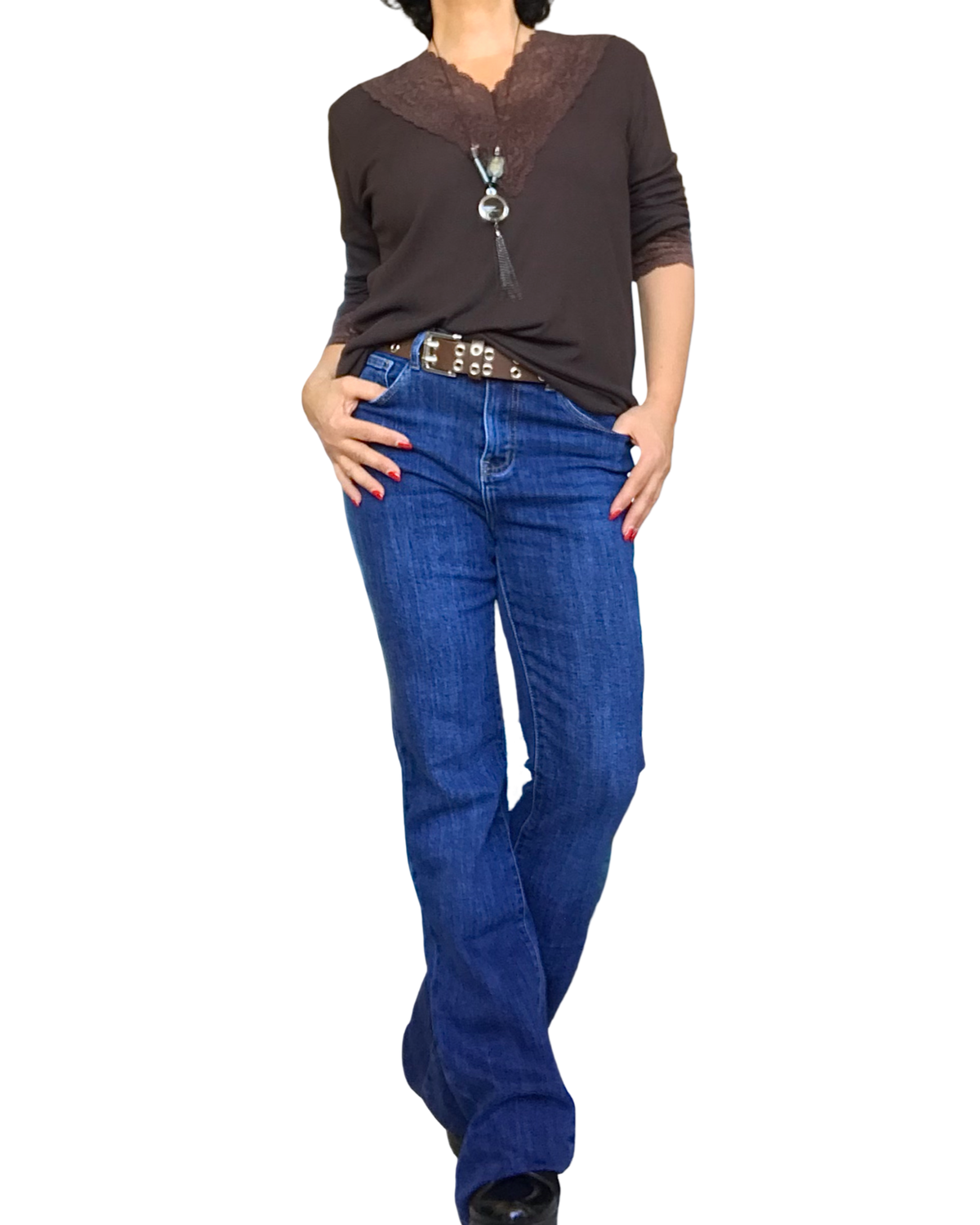 T-shirt brun uni, manche longue, col en V en dentelle et bas des manches en dentelle