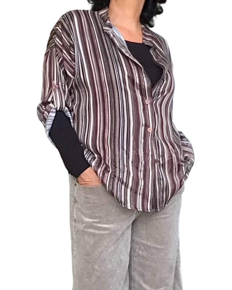 Chemise noir à rayures verticales, manche 3/4 en voile