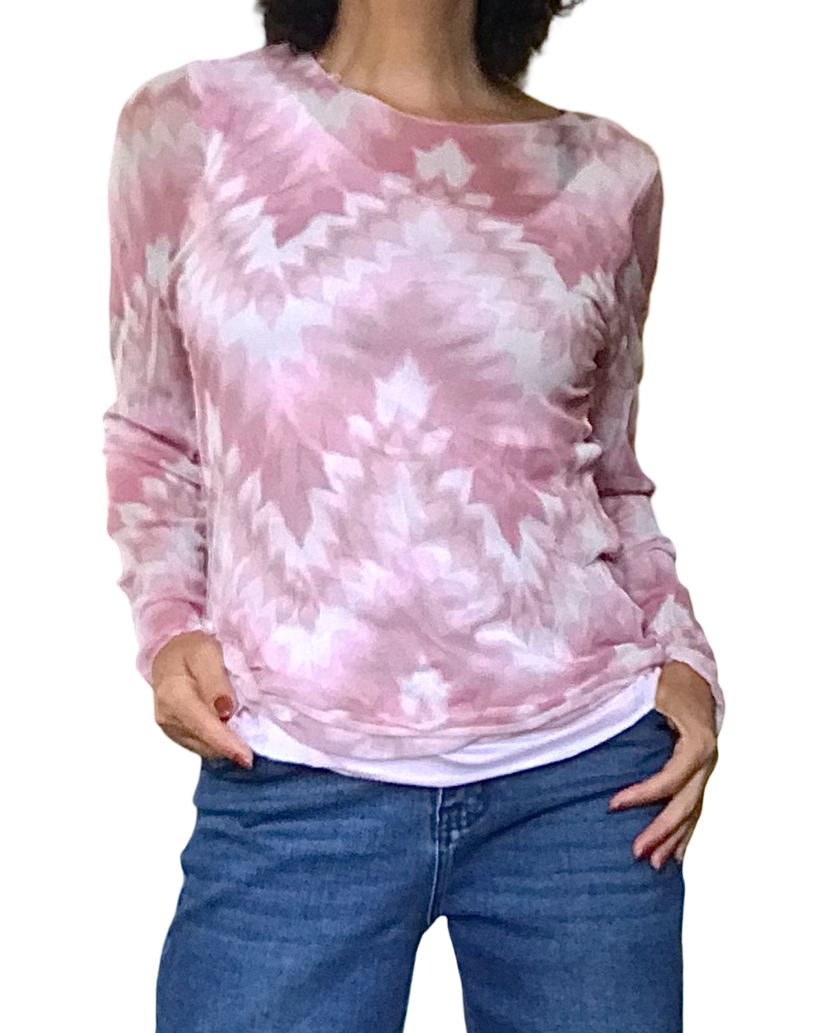 Chandail à manches longues en voile zigzag rose et beige