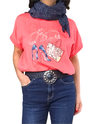T-shirt corail « J’aime » en pierres argentées et souliers à talon haut en jeans(Livraison 8 juin)