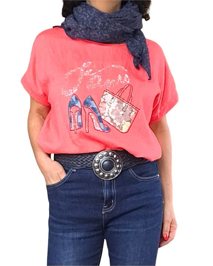 T-shirt corail « J’aime » en pierres argentées et souliers à talon haut en jeans(Livraison 8 juin)