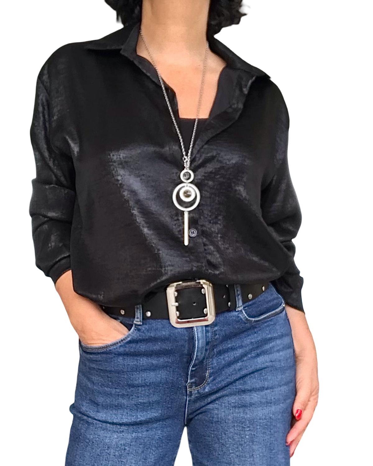 Chemise noire en satin à manche longue