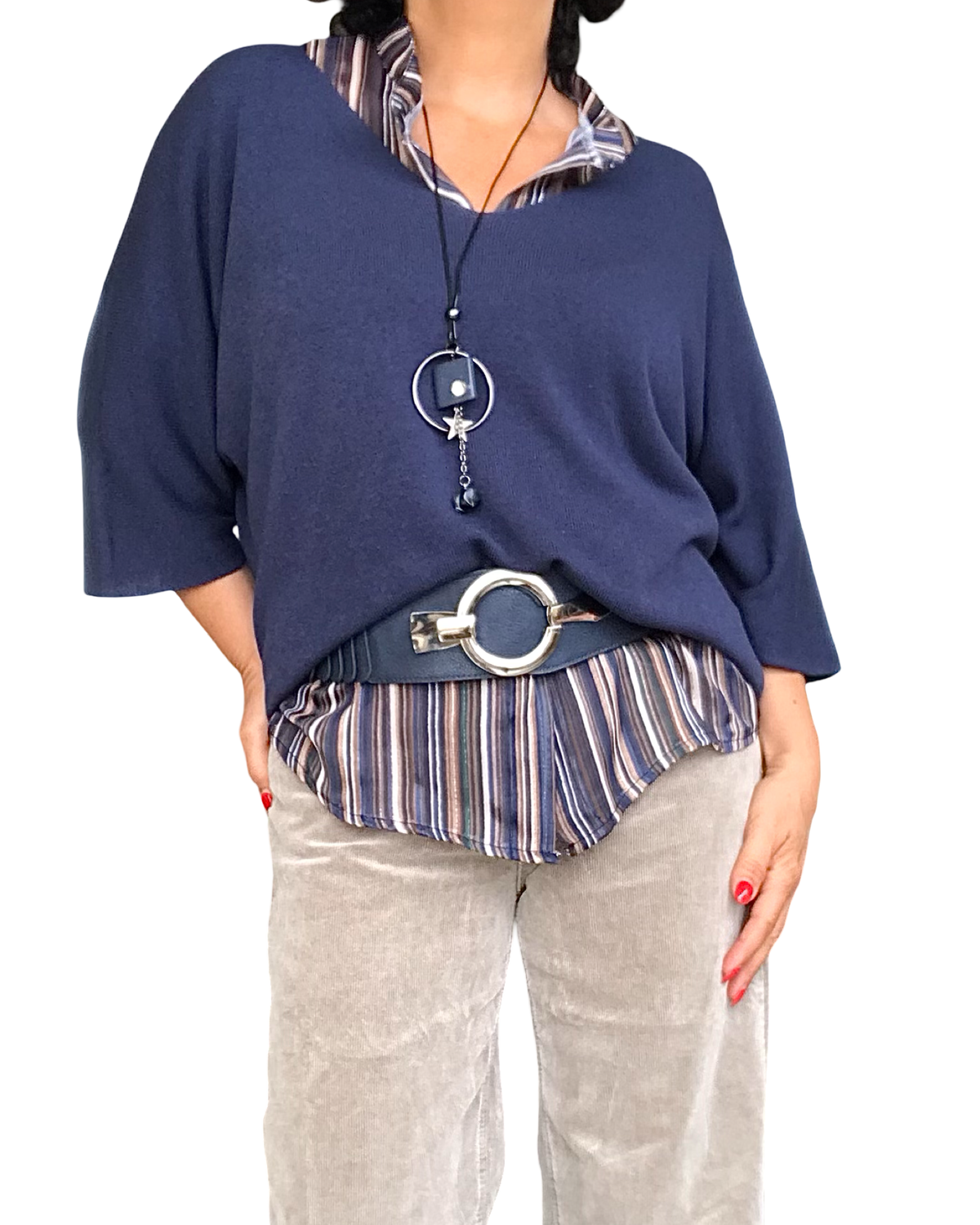 Chandail uni marine, col en V manche 3/4