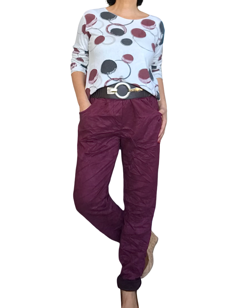 Pantalon bourgogne en ultra suède à taille élastique avec cordon noir